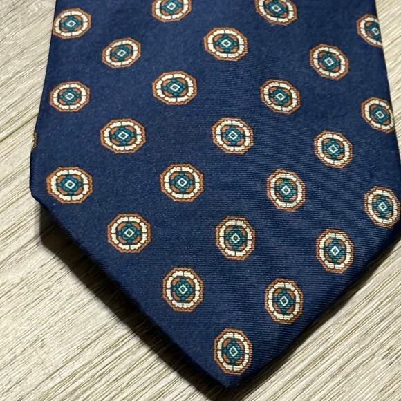 Mario Valentino Vintage Silk Tie Geometric Navy Blue Made in USA Italian Silk - Picture 3 of 8